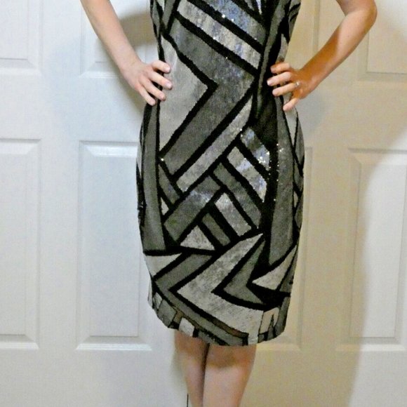 Sequin Dress Size 8 Prom Black Gray Silver Geometric Sparkles Cutout Back OOAK - Picture 8 of 11